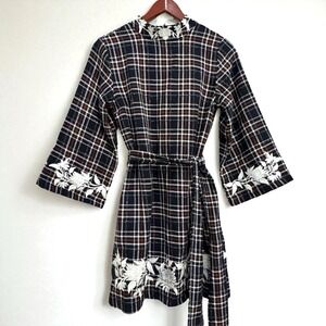 Fanm Mon Layla Tweed Mini Dress‎ Size Small Mock Neck Blue Plaid Embroidered